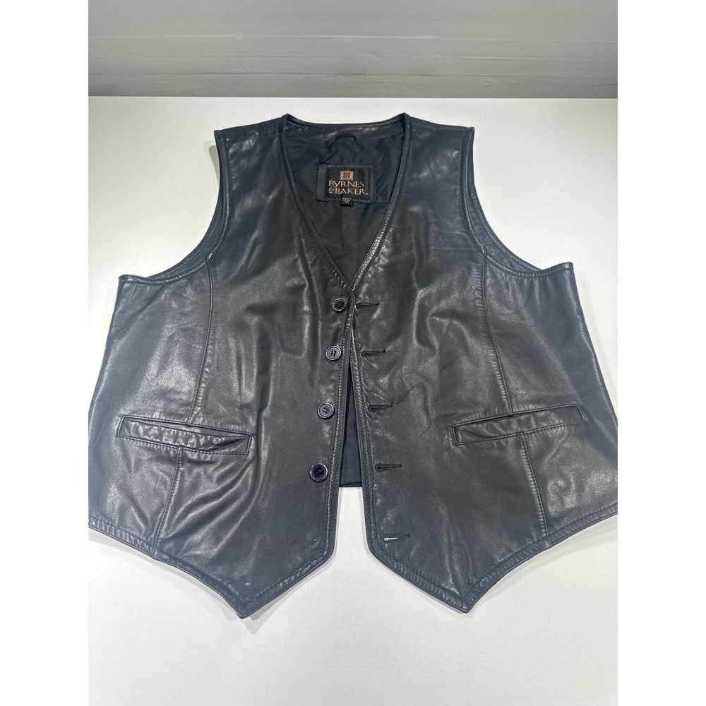 Vintage Byrnes & Baker Mens Black Leather Vest ,44 Button Front Biker Classic